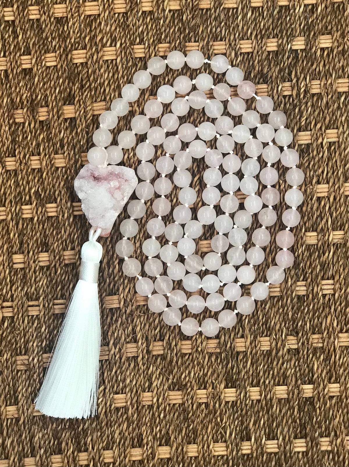 Hand-knotted rose quartz gemstone mala prayer beads