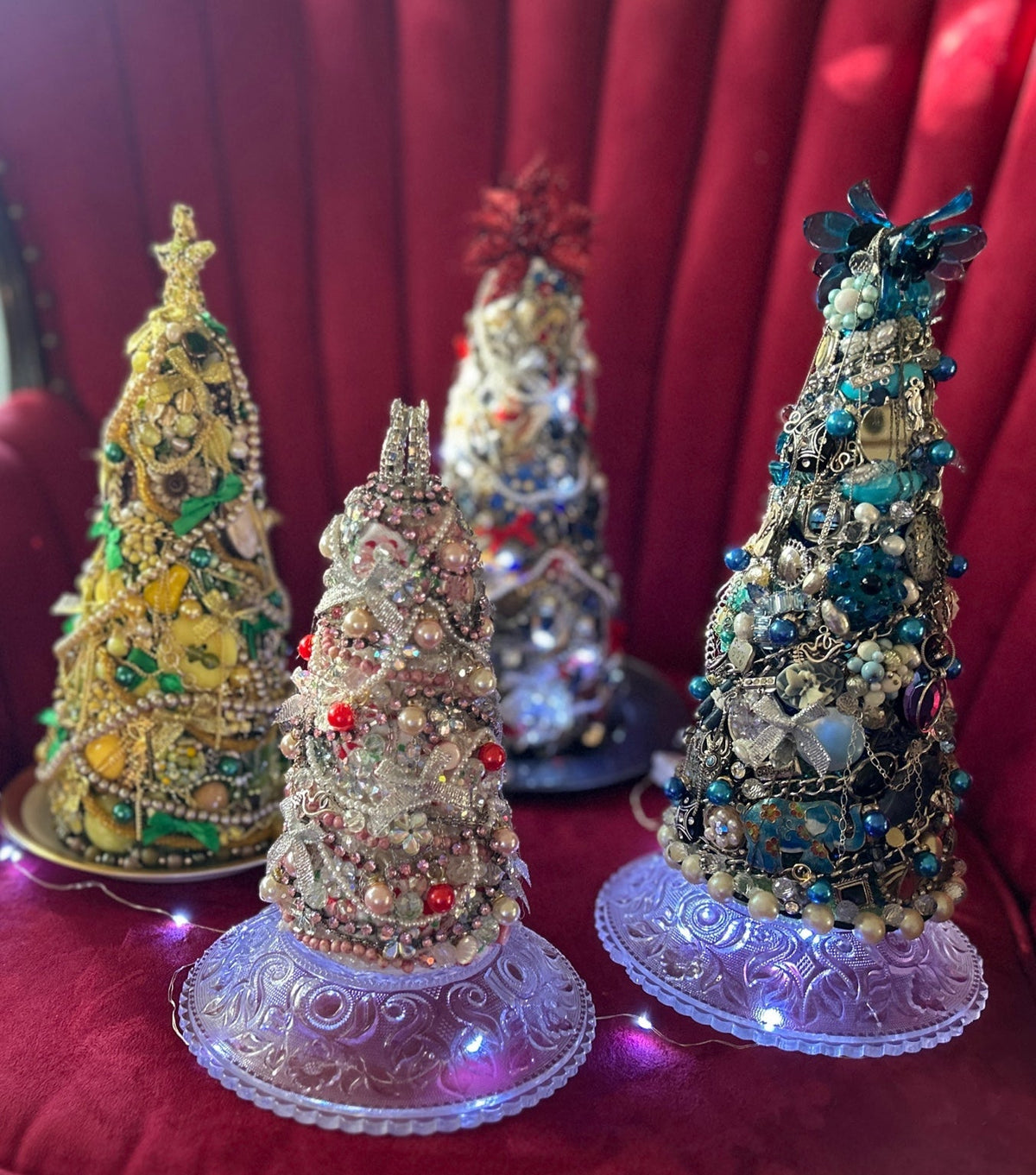 Examples of four handmade vintage jewelry Christmas trees for personalized heirloom commissions