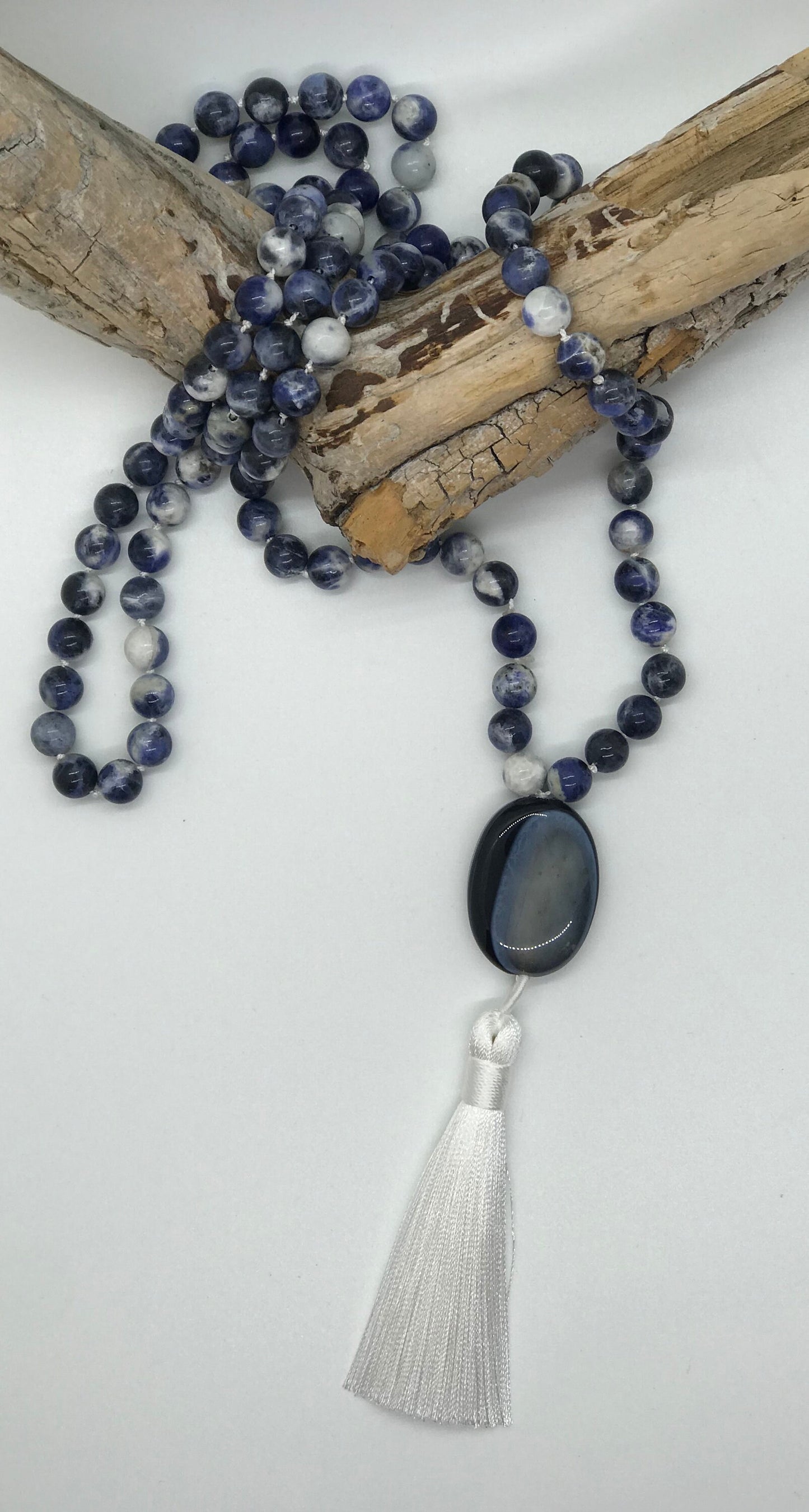 Sodalite Mala Prayer Beads | Insight & Intuition | Beaded Tassel Necklace