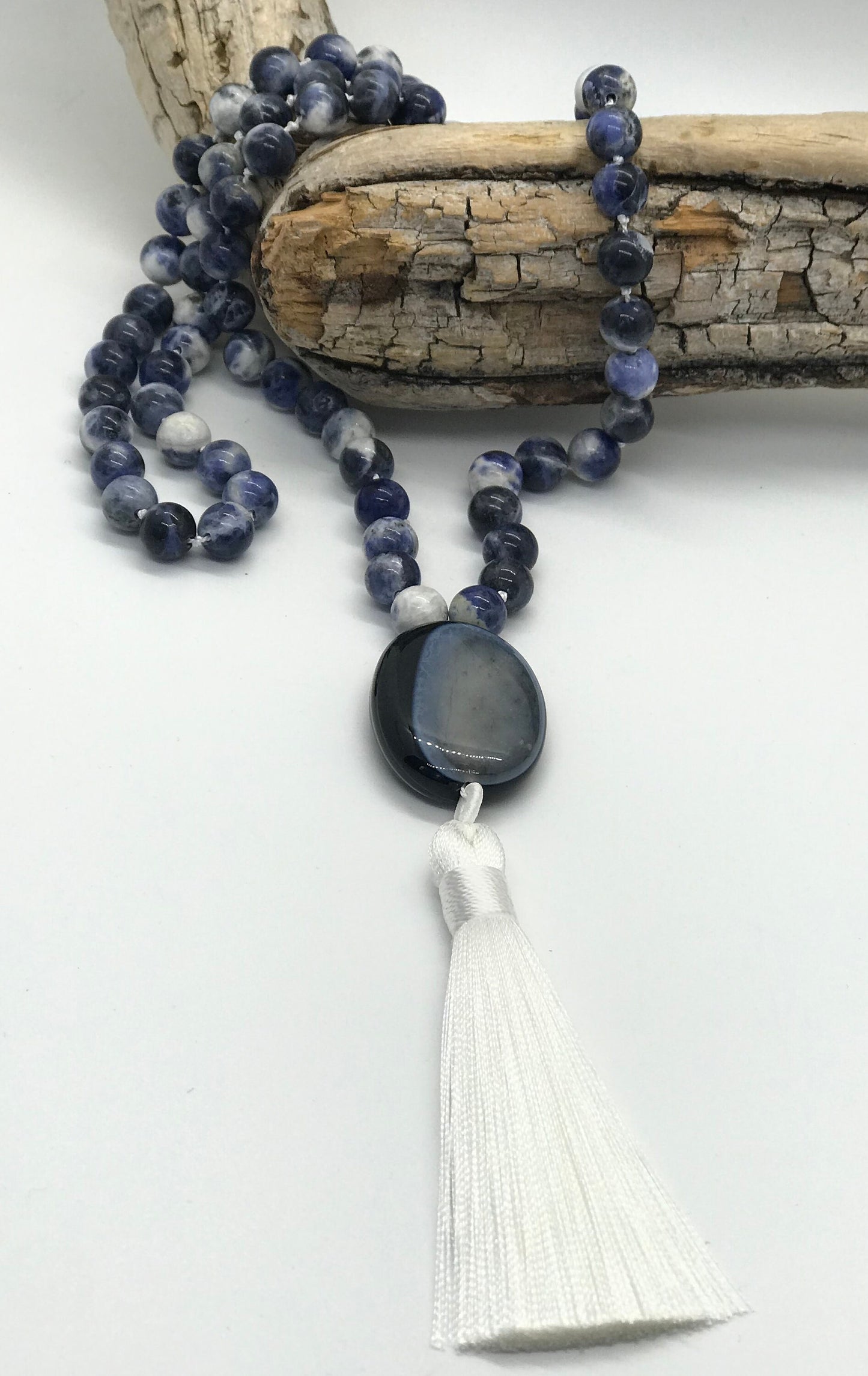 Sodalite Mala Prayer Beads | Insight & Intuition | Beaded Tassel Necklace