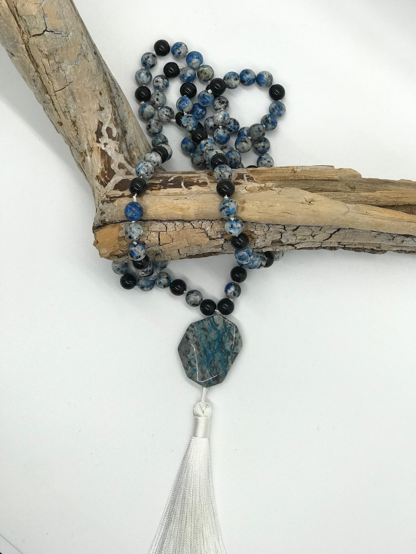 Mala prayer beads created with Blue Spotted Agate beads