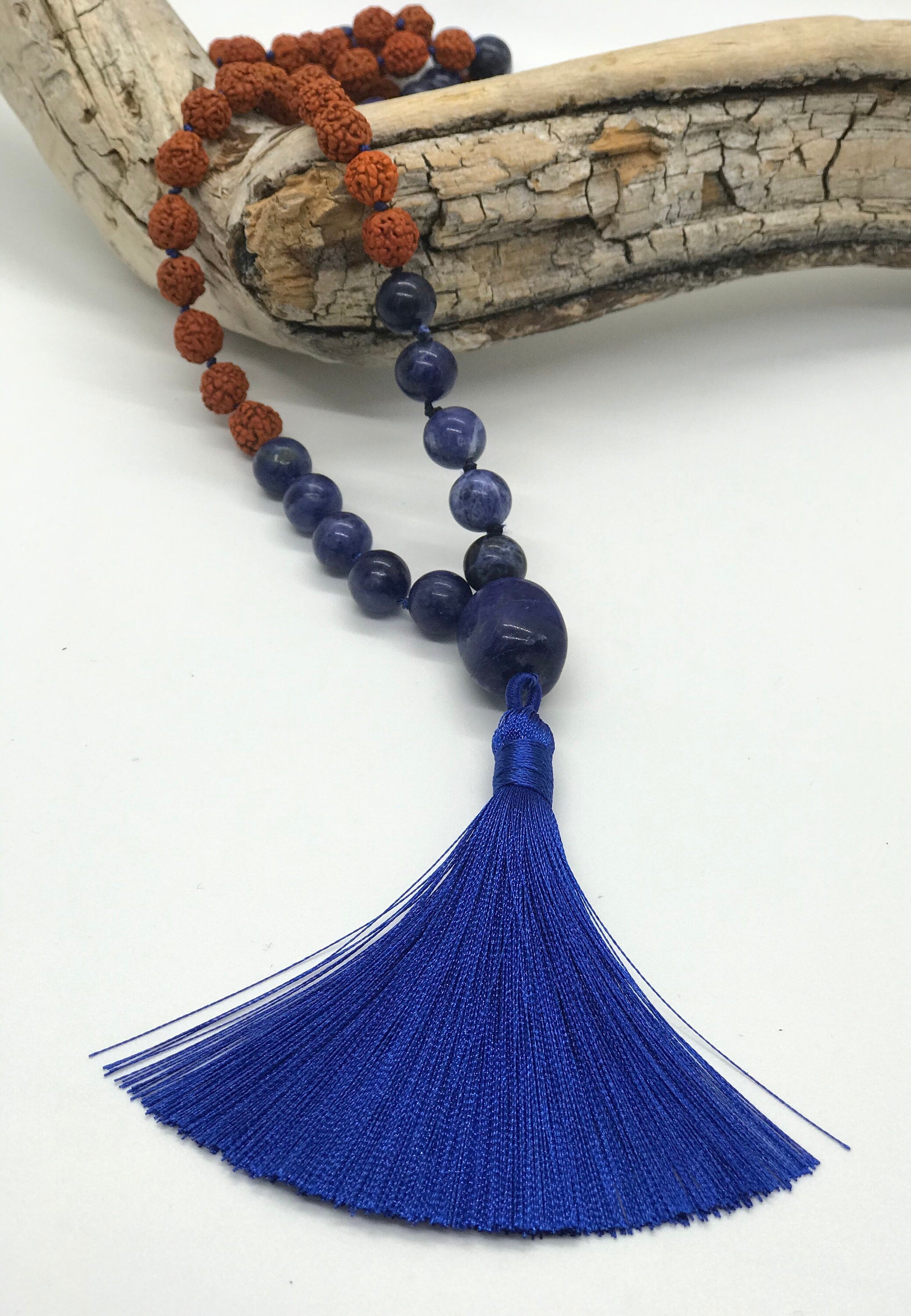 Rudraksha Bead and Sodalite Hand-Knotted Mala good Brown and Dark Blue Tassel Necklace