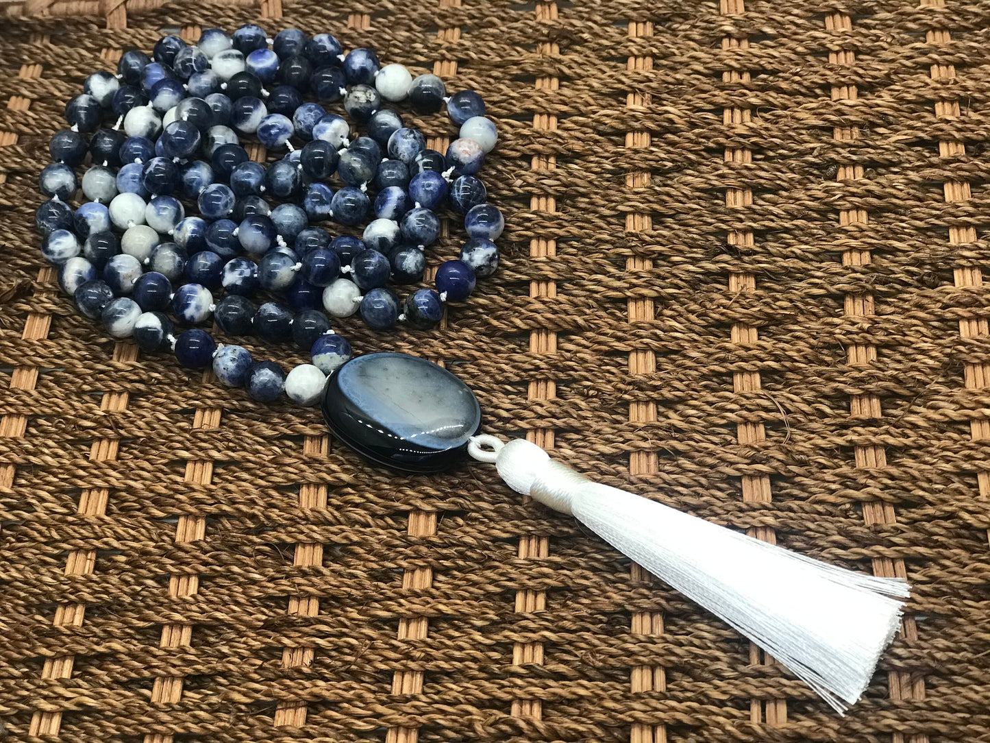 Sodalite Mala Prayer Beads | Insight & Intuition | Beaded Tassel Necklace