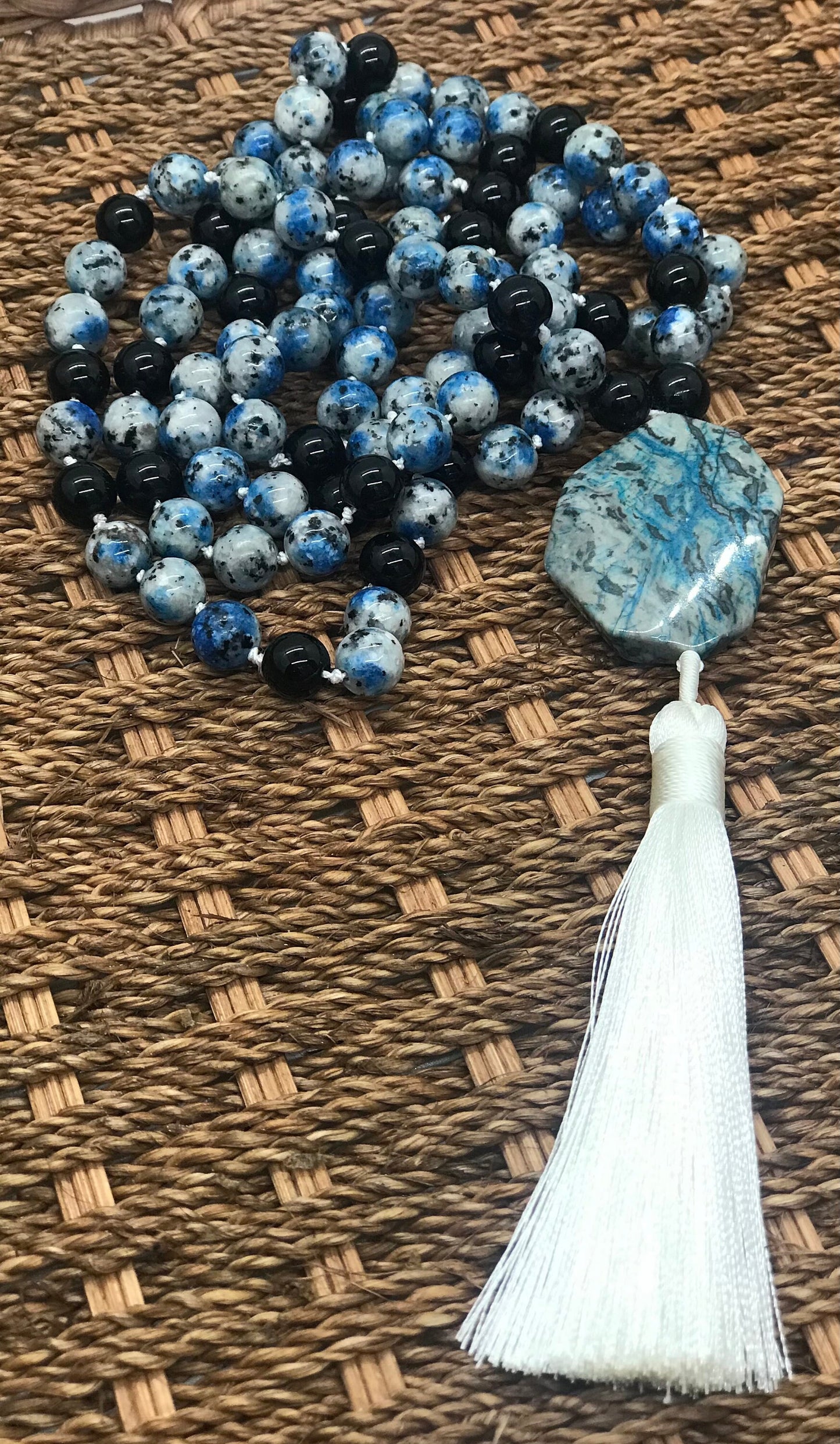 Mala prayer beads created with Blue Spotted Agate beads