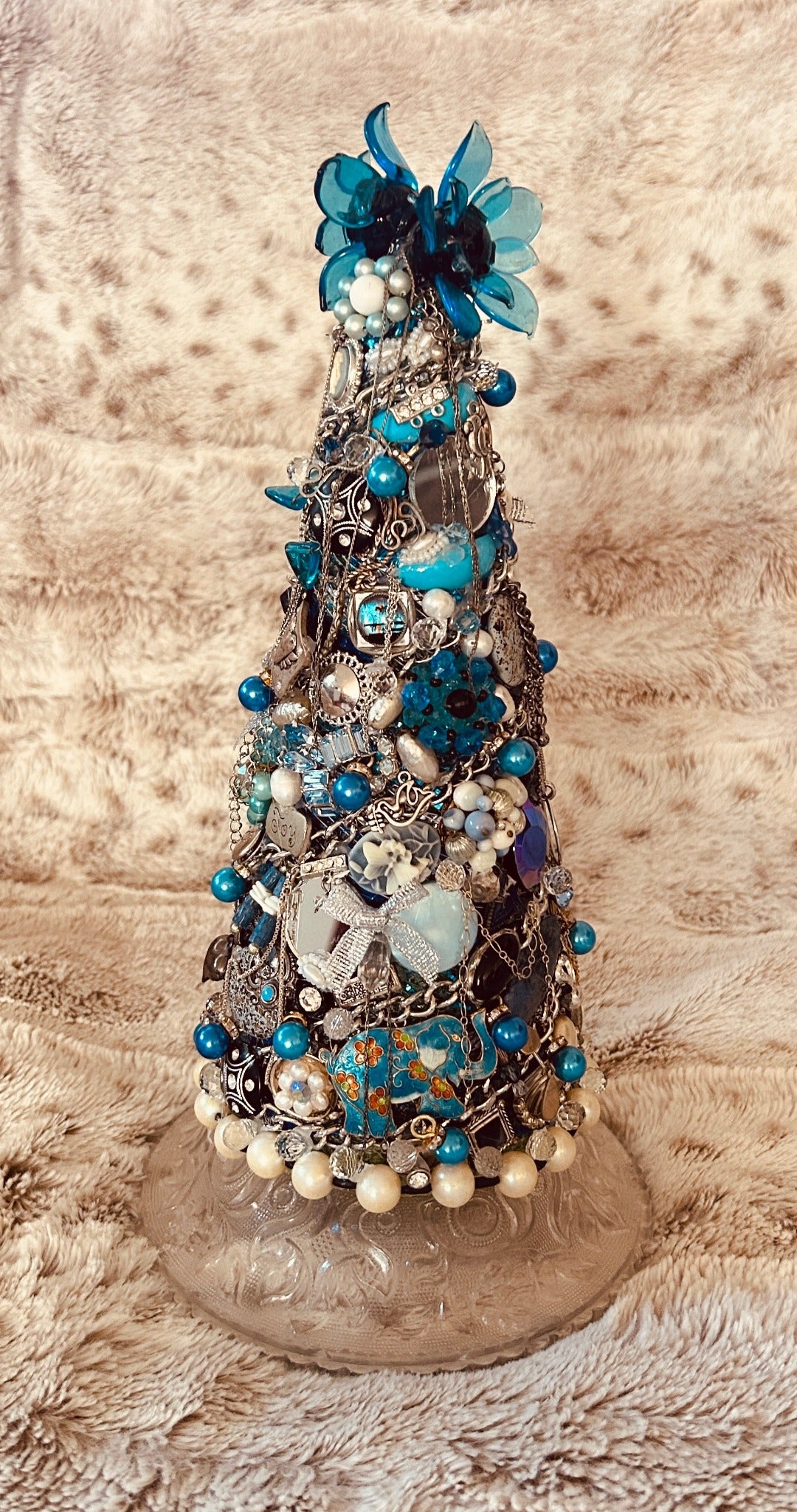 Blue and turquoise custom heirloom tree with vintage jewelry, pearls and keepsakes