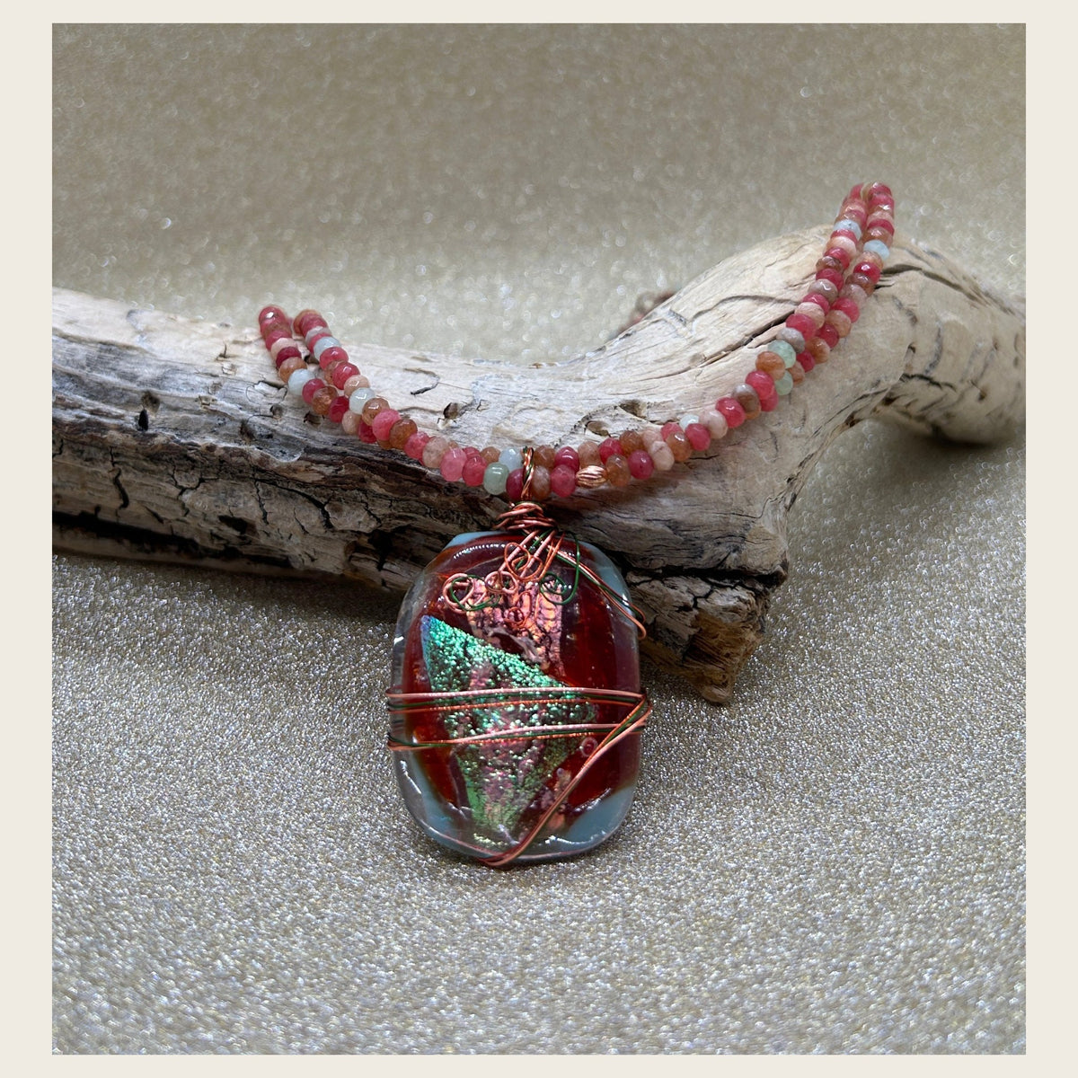 Coral rose dichroic glass and gemstone necklace photo 1