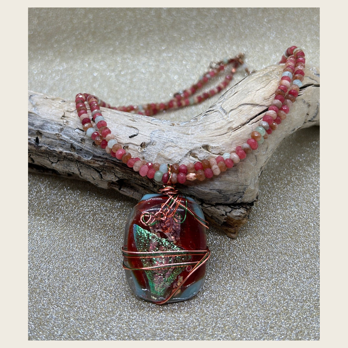 Coral rose dichroic glass and gemstone necklace photo 2