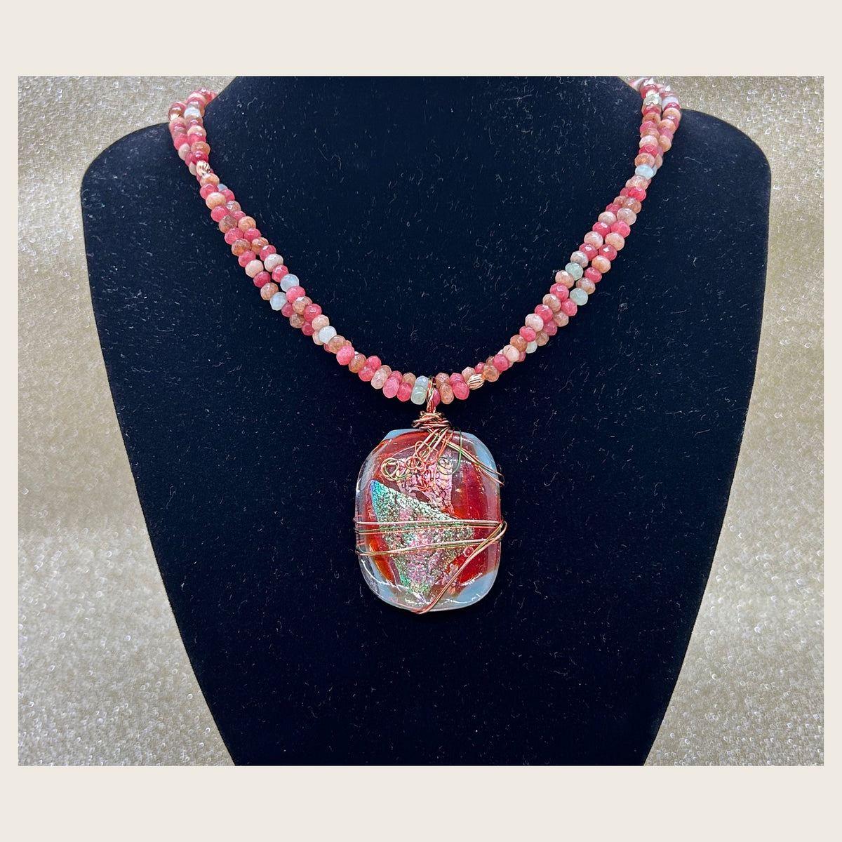 Coral rose dichroic glass and gemstone necklace photo 6