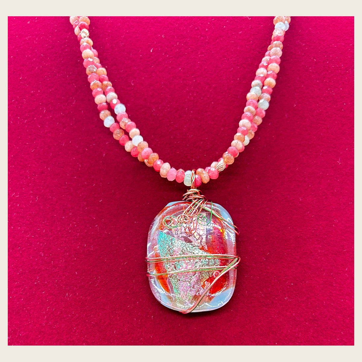 Coral rose dichroic glass and gemstone necklace photo 7