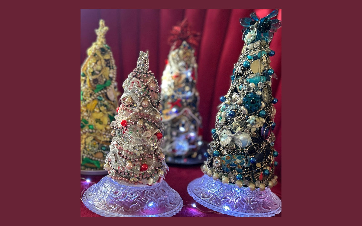 Four handmade heirloom trees decorated with vintage jewelry, pearls, beads and treasured keepsakes