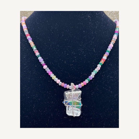 Handmade multicolored beaded dichroic glass necklace view 1