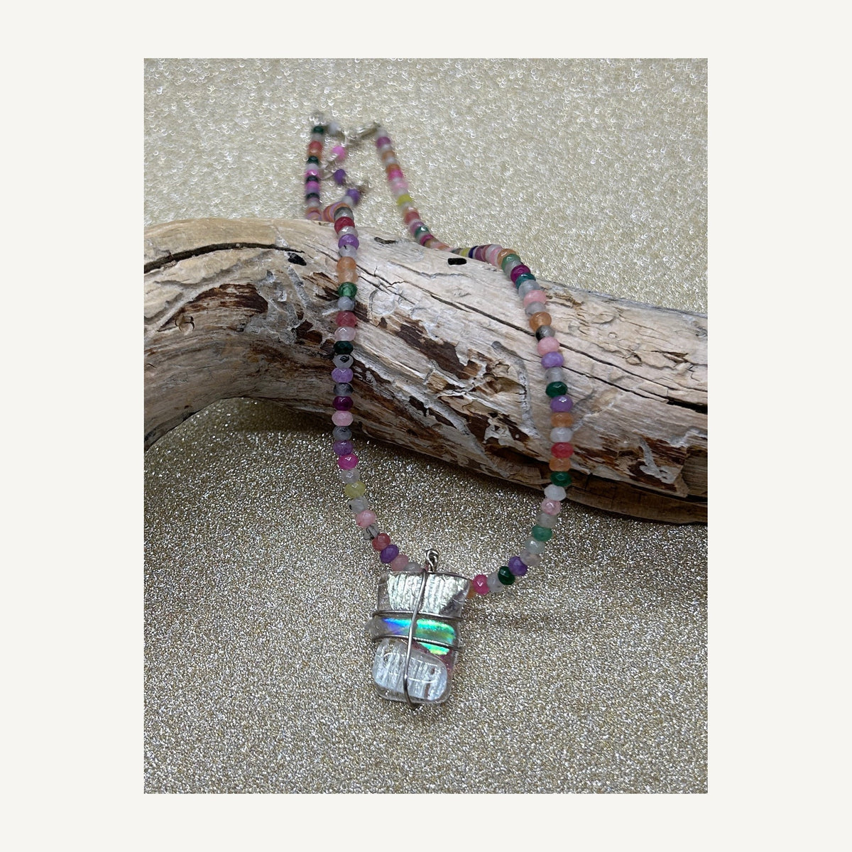 Handmade multicolored beaded dichroic glass necklace view 2