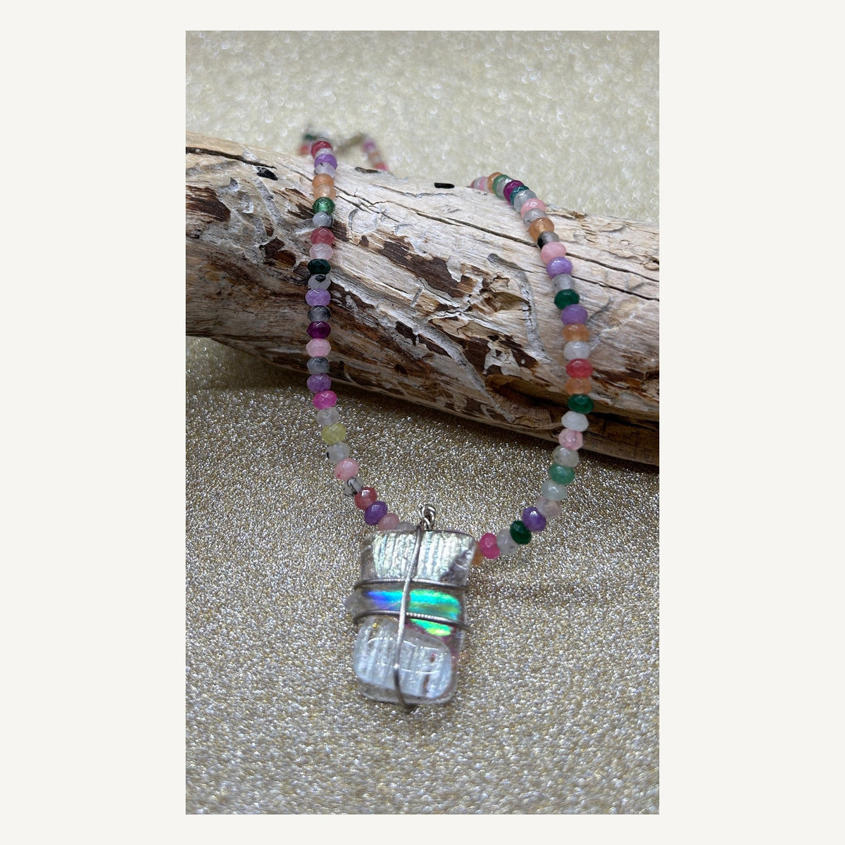Handmade multicolored beaded dichroic glass necklace view 3
