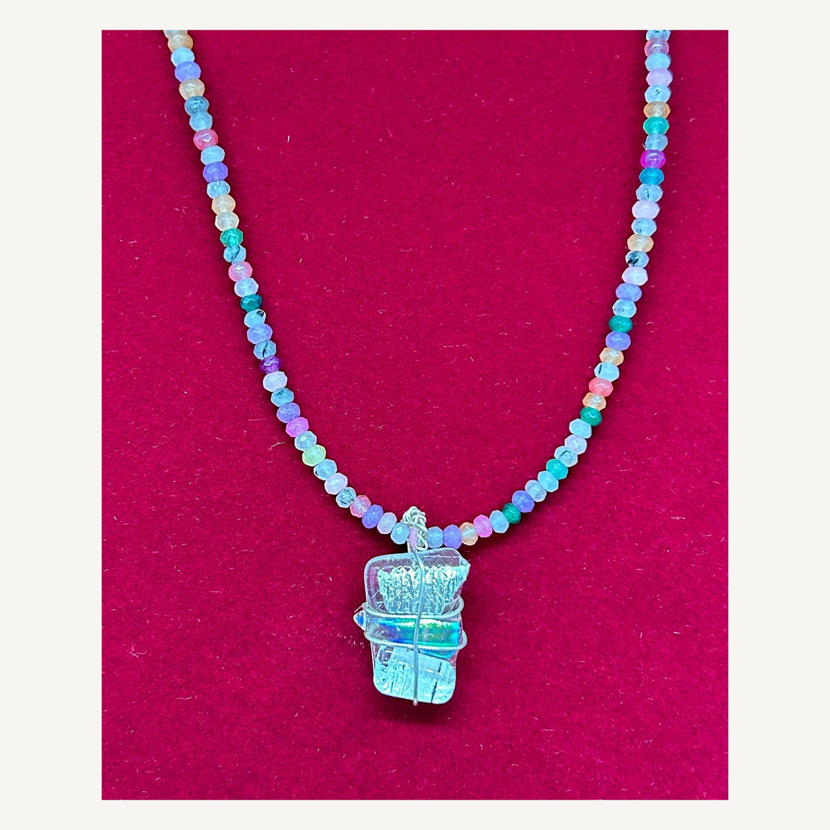 Handmade multicolored beaded dichroic glass necklace view 6