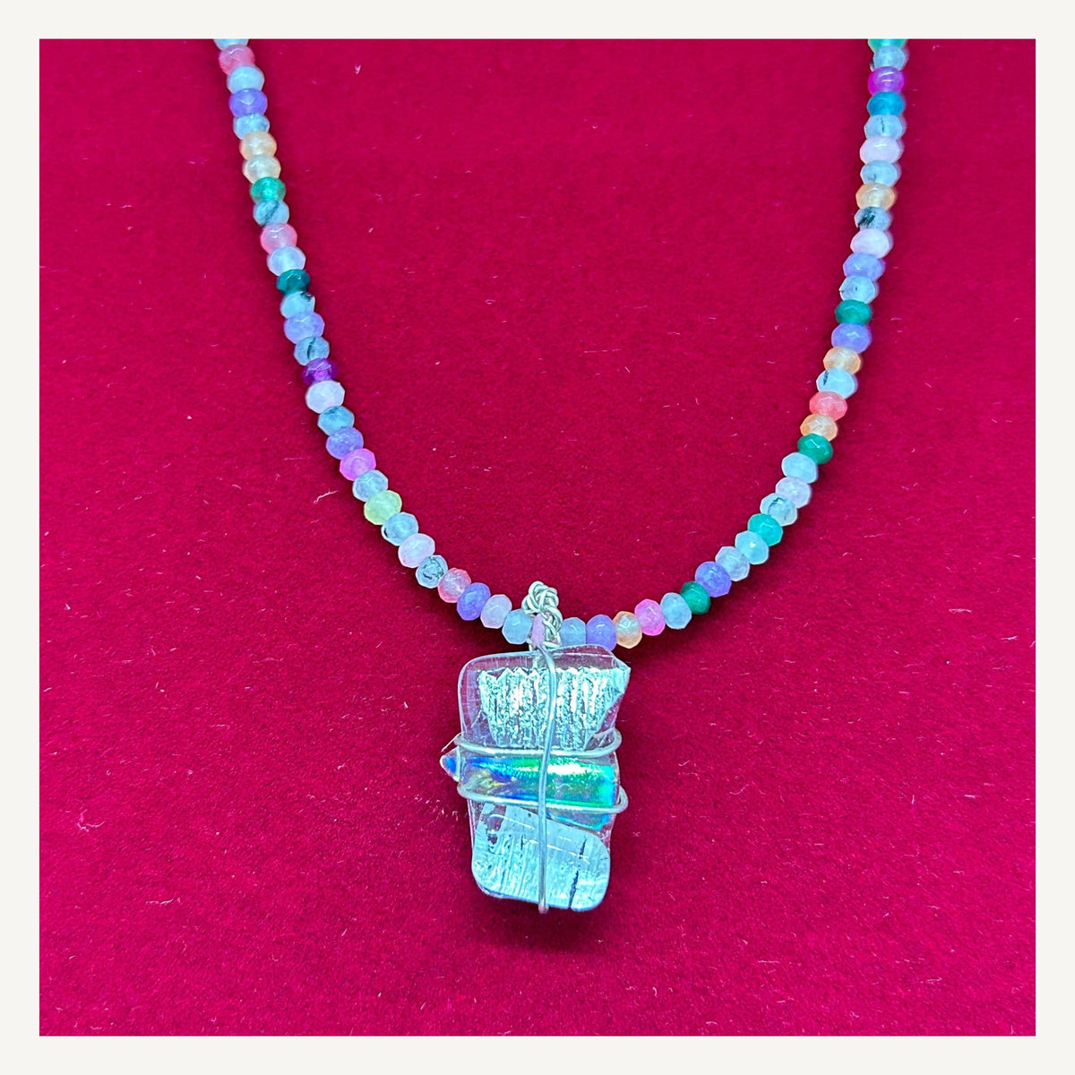 Handmade multicolored beaded dichroic glass necklace view 7