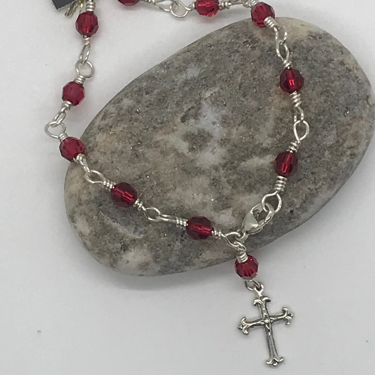 Ruby red crystal one-decade rosary bracelet with cross charm