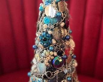 Silver and blue vintage jewelry Christmas tree